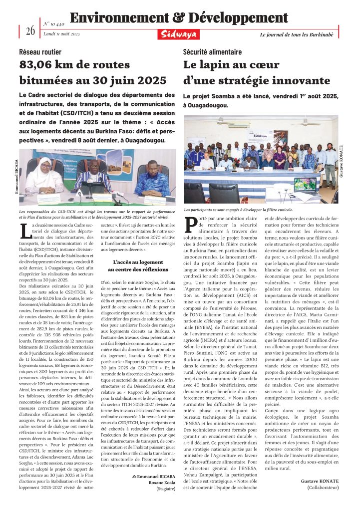 Tamat con il progetto Soamba per combattere l'insicurezza alimentare attraverso la cunicultura. L'articolo su Sidwaya 1 Lapin Sidwaya du 11 8 2025 page 0001
